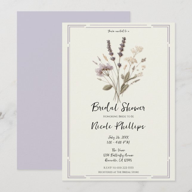 Delicate Lavender Floral Flower Bridal Shower  Invitation (Front/Back)