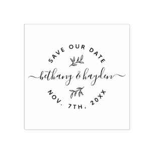 Delicate Leaf & Rustic Script   Save The Date Rubber Stamp
