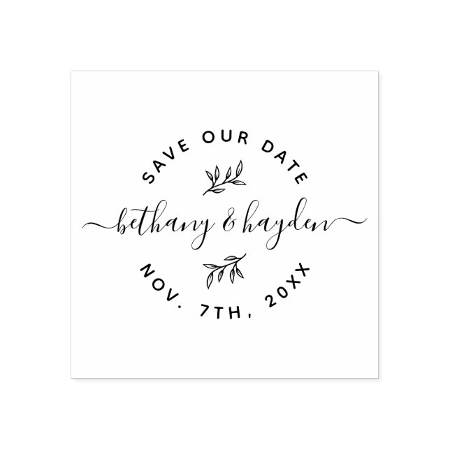 Delicate Leaf & Rustic Script | Save The Date Rubber Stamp (Imprint)