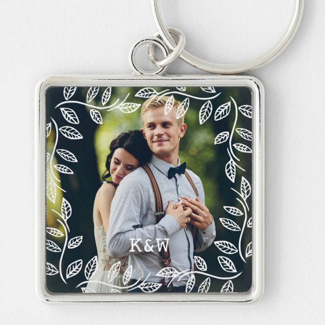 Delicate Leaves Frame Monogrammed Photo Key Ring (Front)