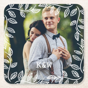 Delicate Leaves Frame Monogrammed Photo Square Paper Coaster