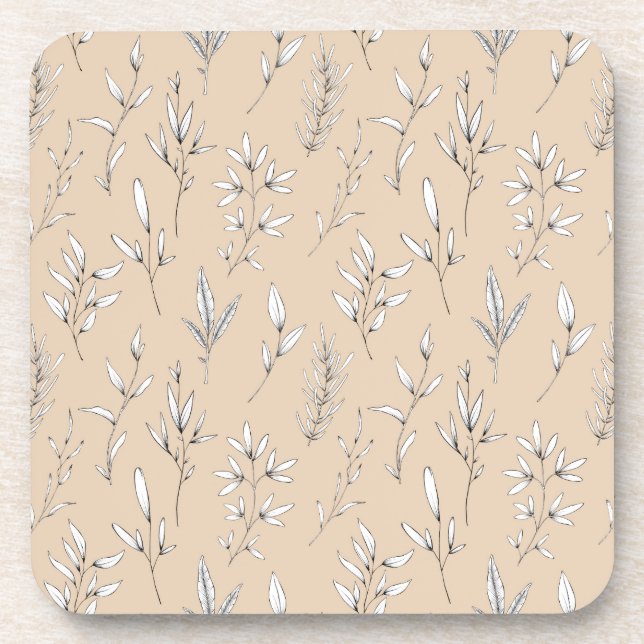 Delicate leaves stems foliage line art tan beige  coaster (Front)