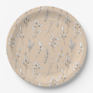 Delicate leaves stems foliage line art tan beige paper plate