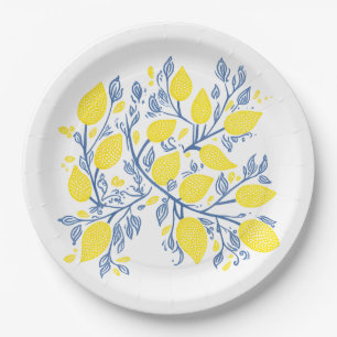 Delicate Lemon Vines Woodcut Effect Paper Plate