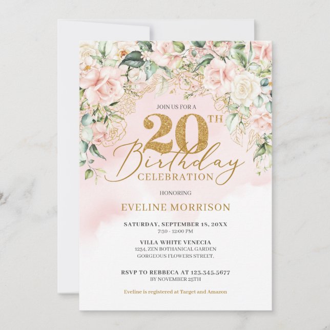 Delicate light pink roses green gold 20th birthday invitation (Front)