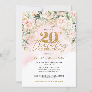 Delicate light pink roses green gold 20th birthday invitation