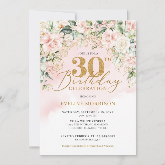 Delicate light pink roses green gold 30th birthday invitation (Front)