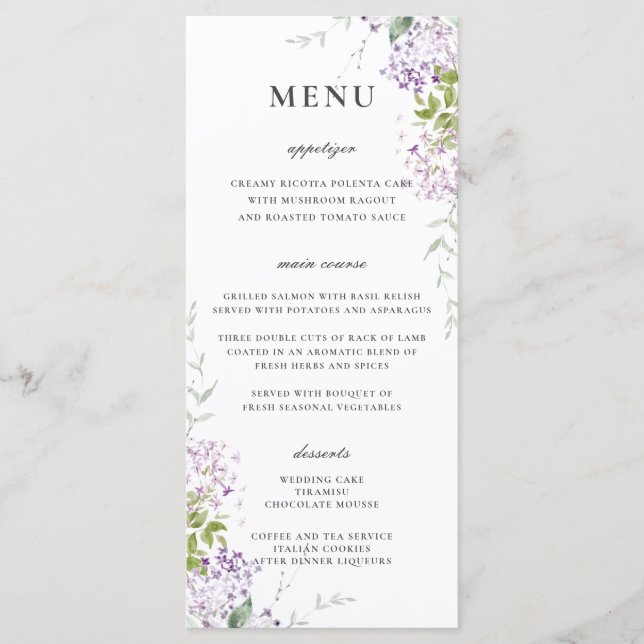 Delicate Lilac Purple Floral Greenery Wedding Menu (Front)