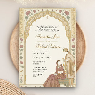 Delicate Lotus Floral Arch Indian Couple Wedding Invitation