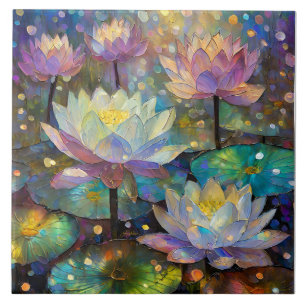 Delicate Lotus Flowers Blossoming in the Snow Ceramic Tile
