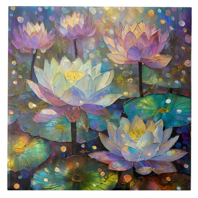 Delicate Lotus Flowers Blossoming in the Snow Ceramic Tile (Front)