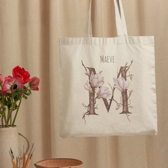 Delicate Magnolia Flowers Monogram 'M' Custom Name Tote Bag (Creator Uploaded)