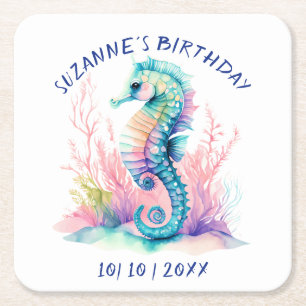 Delicate Marine Seahorse Personalised Square Paper Coaster