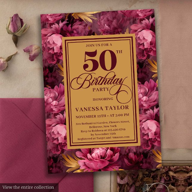 Delicate merlot blush gold floral 50th birthday   invitation (Delicate merlot blush gold floral 50th birthday invite

)