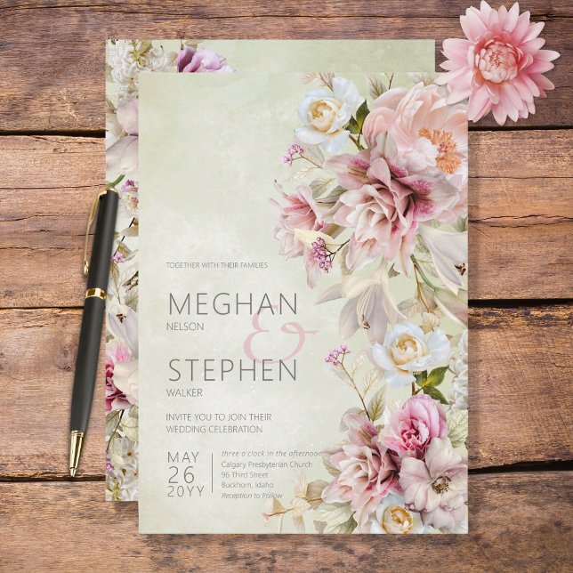 Delicate Modern Pink Blush Rose & Lily Green Invitation (Creator Uploaded)