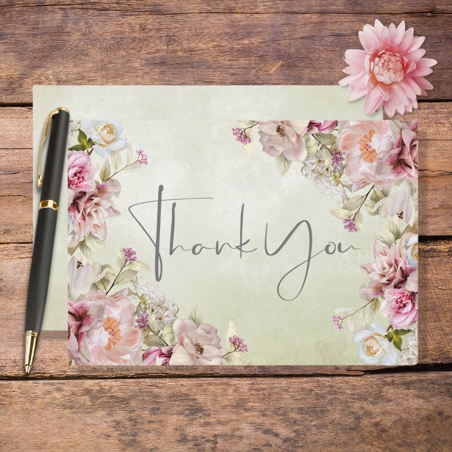 Delicate Modern Pink Blush Rose & Lily Green Thank You Card (Creator Uploaded)