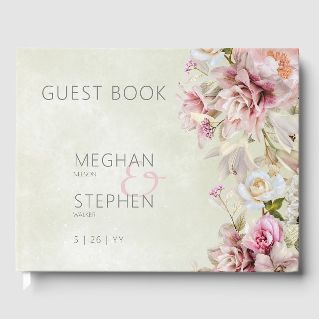 Delicate Modern Pink Blush Rose Lily Green Wedding Guest Book (Front)