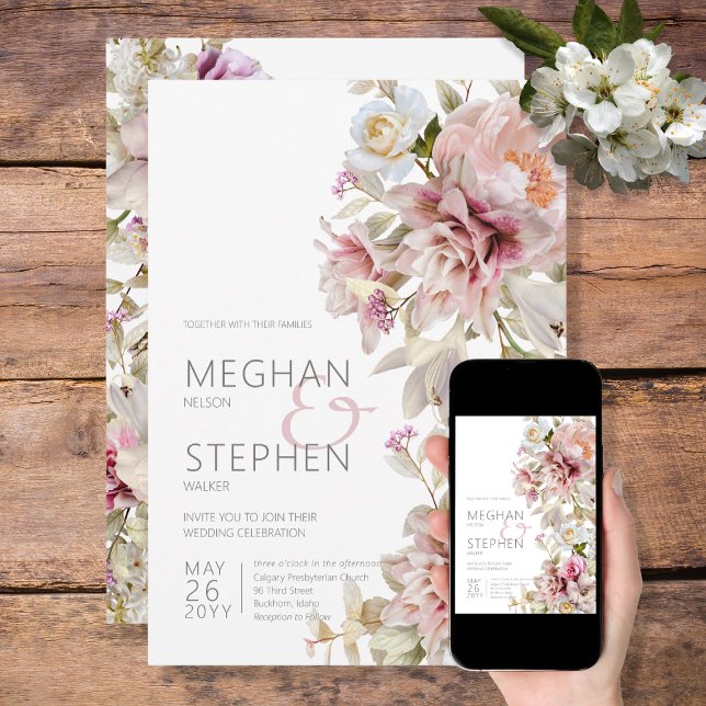 Delicate Modern Pink Blush Rose & Lily Invitation (Creator Uploaded)