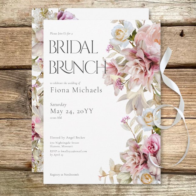 Delicate Modern Pink Rose & Lily Bridal Brunch Invitation (Delicate Modern Pink Rose & Lily Bridal Brunch Invitation)