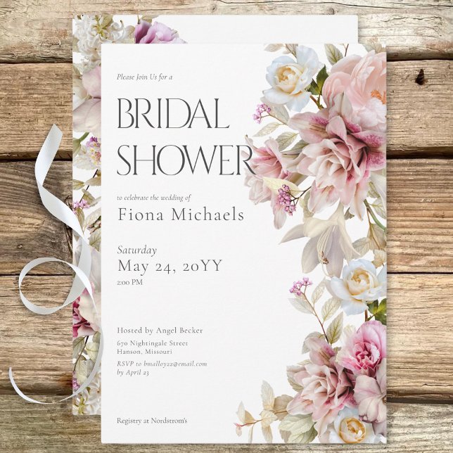 Delicate Modern Pink Rose & Lily Bridal Shower Invitation (Delicate Modern Pink Rose & Lily Bridal Shower Invitation)