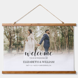 Delicate Modern Script Photo Wedding Welcome Hanging Tapestry