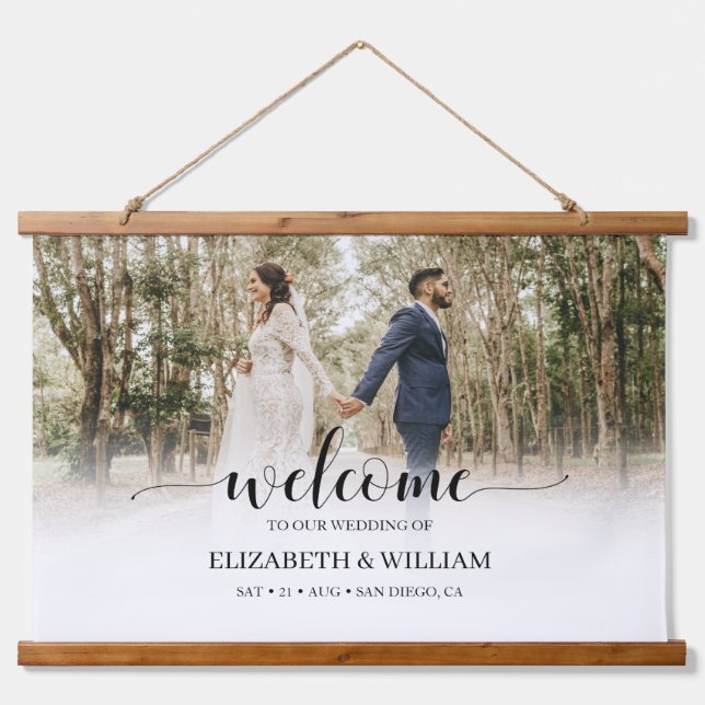 Delicate Modern Script Photo Wedding Welcome Hanging Tapestry (Front)