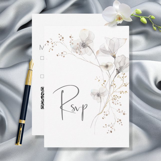 Delicate Modern White Grey & Gold Floral Wedding RSVP Card (Creator Uploaded)