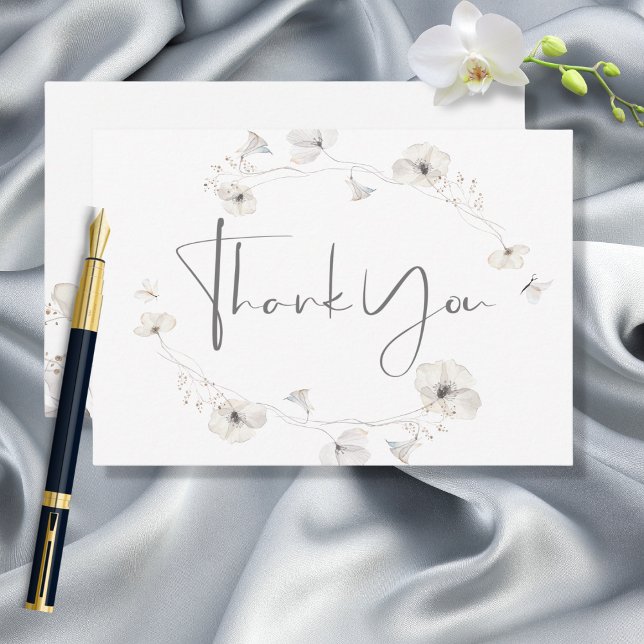 Delicate Modern White Grey & Gold Floral Wedding Thank You Card (Creator Uploaded)