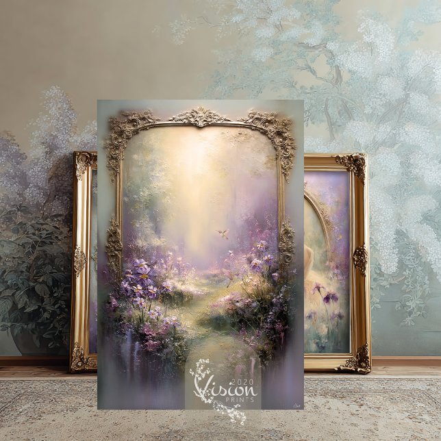 Delicate Moments Lavender Garden Hummingbird Tissue Paper (Hummingbird Garden Print in front of gold ornate frames and botanical wall mural on a rug
)