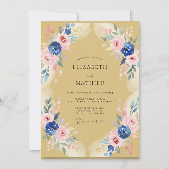 Delicate Mustard Indigo Peony Wedding Invitation (Front)
