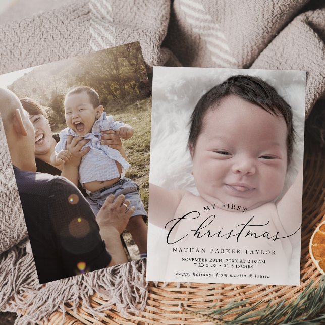 Delicate My First Christmas Baby Birth Photo Holiday Card (Creator Uploaded)