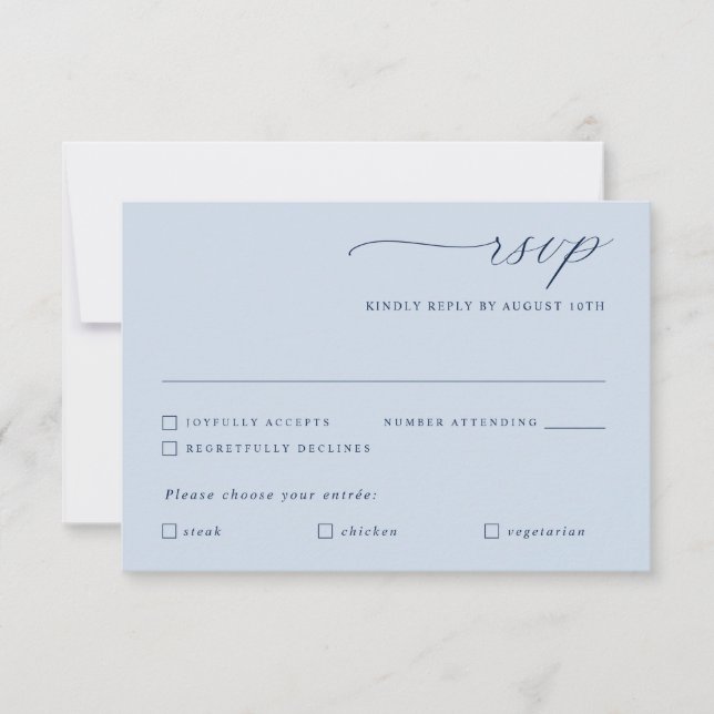Delicate Navy Blue Gold Calligraphy Wedding Meal RSVP Card (Front)