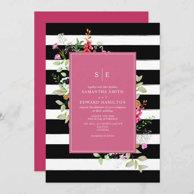Delicate Neon Wildflower Stripe Hot Pink Wedding Invitation (Front/Back)