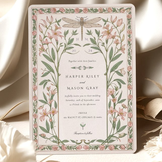 Delicate Nouveau Wedding Dragonfly Floral Invitation (Creator Uploaded)
