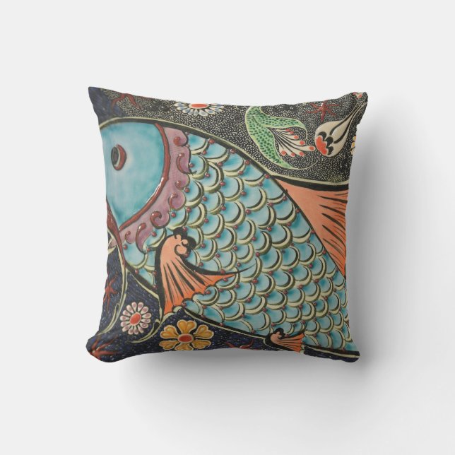 Delicate Ocean Mosaic Coastal Koi Fish Cushion (Front)
