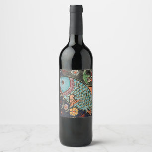 Delicate Ocean Mosaic Coastal Koi Fish Wine Label