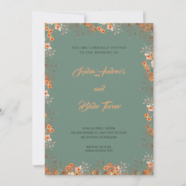 Delicate Orange Flowers Pretty Green Wedding Invitation (Front)