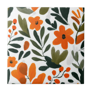 Delicate Orange Flowers Spring Floral Pattern Ceramic Tile