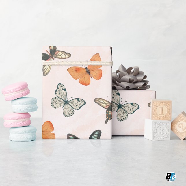 Delicate Orange Watercolor Butterflies Halloween Wrapping Paper (Creator Uploaded)