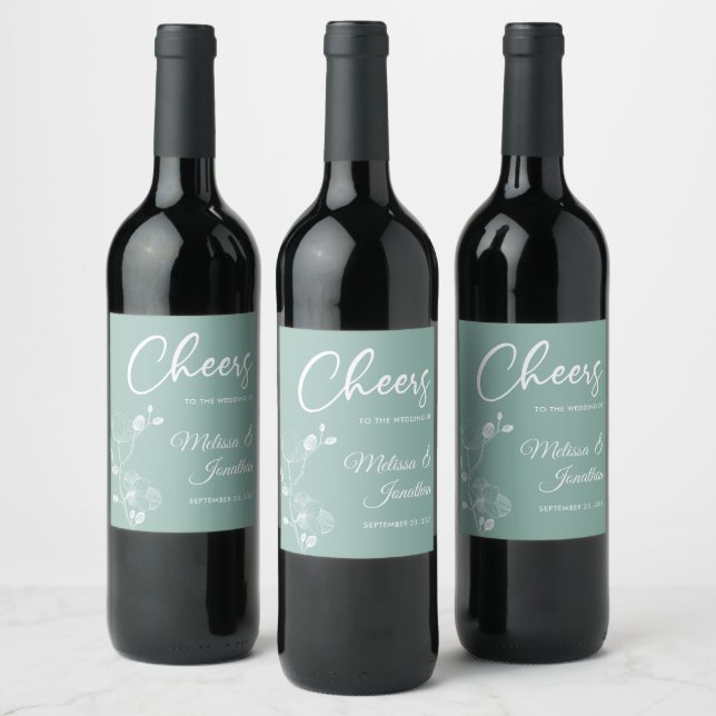 Delicate orchid cheers to the wedding green custom wine label (Bottles)