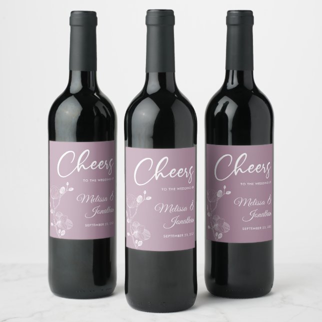Delicate orchid cheers to wedding purple custom wine label (Bottles)