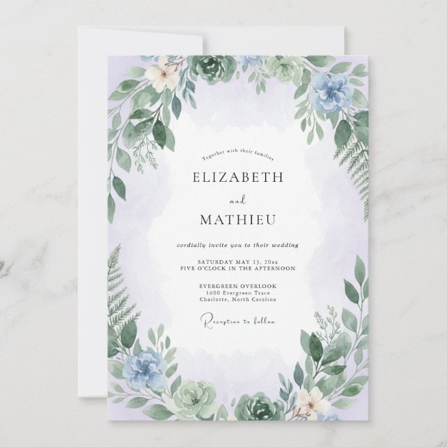 Delicate Pale Azure Leafy Wedding Invitation (Front)