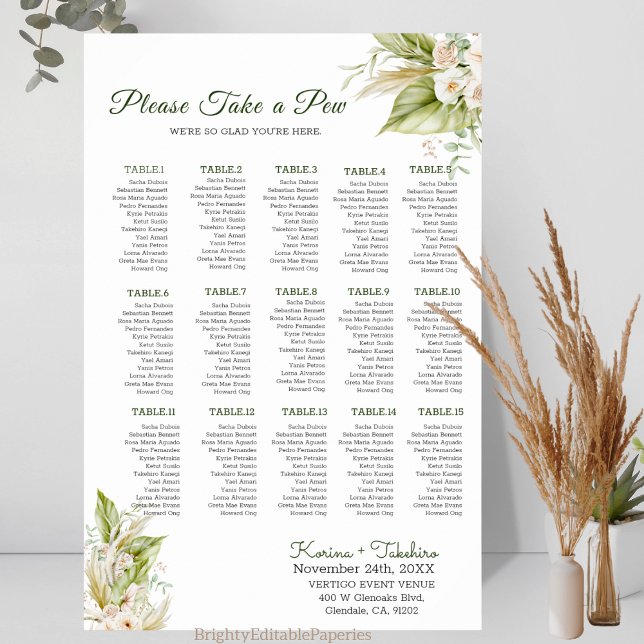 Delicate Pampas Take a pew Wedding Seat Chart  (Creator Uploaded)