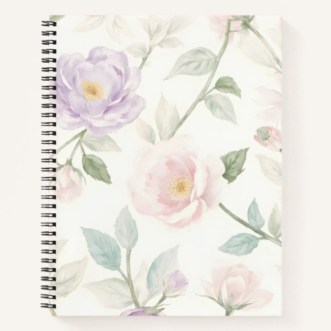 Delicate Pastel Floral Pattern with Roses and Dais Notebook (Front)