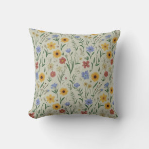 Delicate Pastel Meadow Wildflower Botanical Motif Cushion