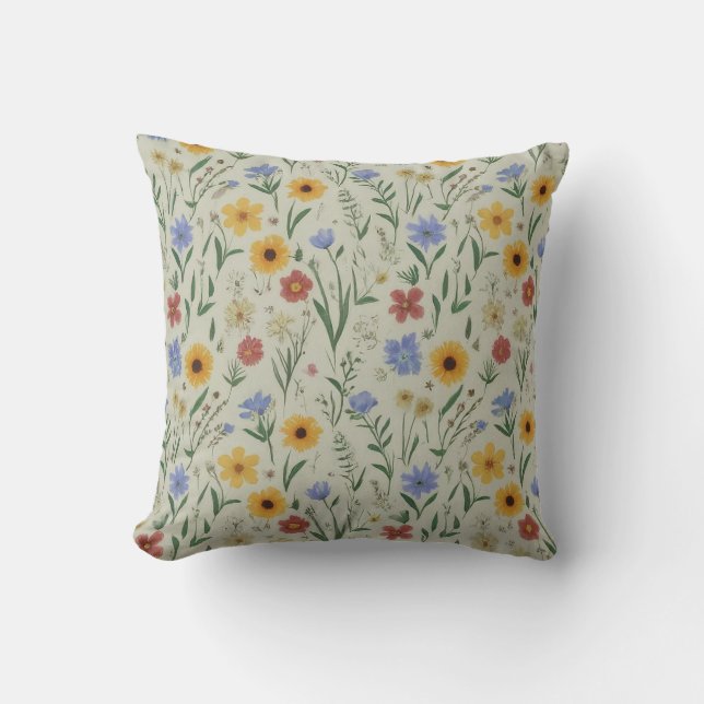 Delicate Pastel Meadow Wildflower Botanical Motif Cushion (Front)