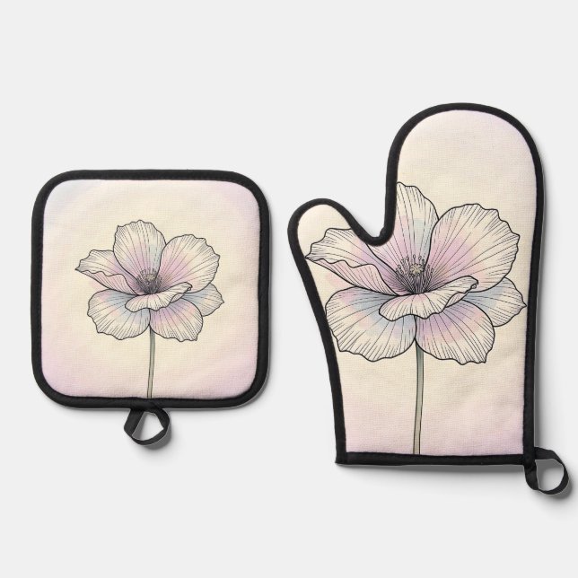 Delicate Pastel Poppy Flower Oven Mitt & Pot Holder Set (Front)