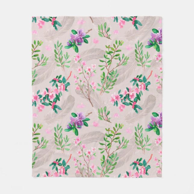 Delicate pattern with rhododendron flowers and fea fleece blanket (Front)