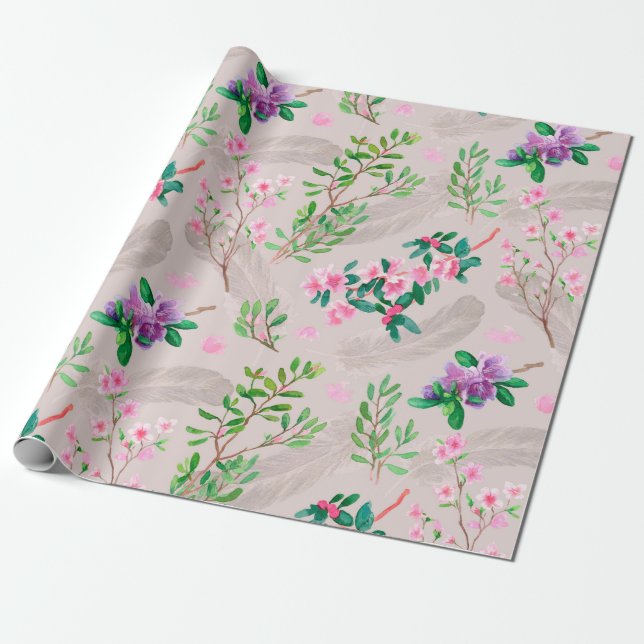Delicate pattern with rhododendron flowers and fea wrapping paper (Unrolled)