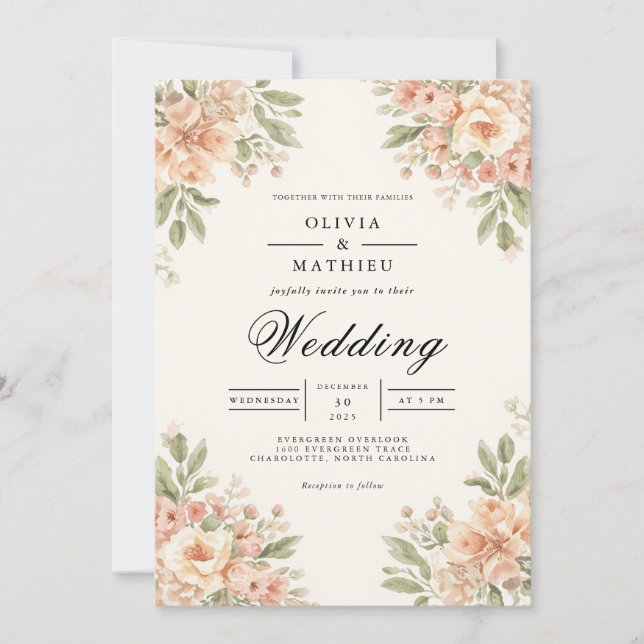 Delicate Peach Bloom Arch Wedding Invitation (Front)